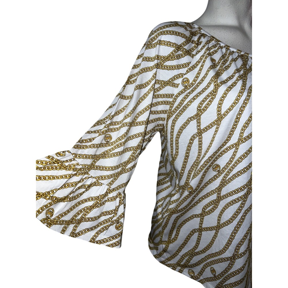 Michael Kors Womens Size XL White Gold Chain Link Logo Ruffle Sleeve Blouse Top - Picture 3 of 6